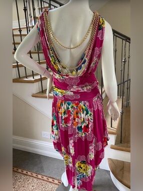 Dolce and Gabbana Pink Floral Print
Jersey Draped Chain Detail Dress Medium